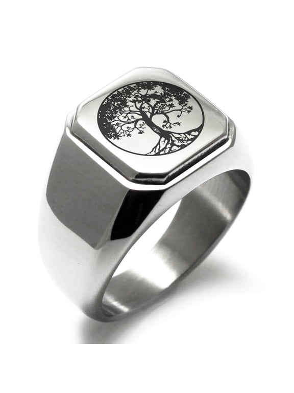 Stainless Steel Tree of Life Engraved Square Flat Top Biker Style Polished Signet Ring