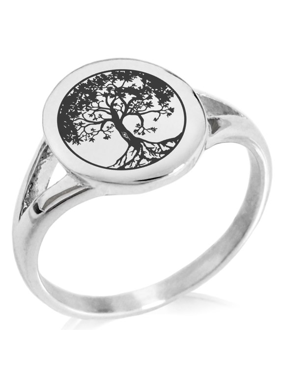 Stainless Steel Tree of Life Minimalist Oval Top Polished Statement Signet Ring