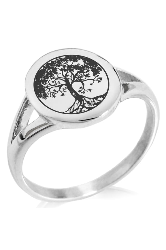 Stainless Steel Tree of Life Minimalist Oval Top Polished Statement Signet Ring