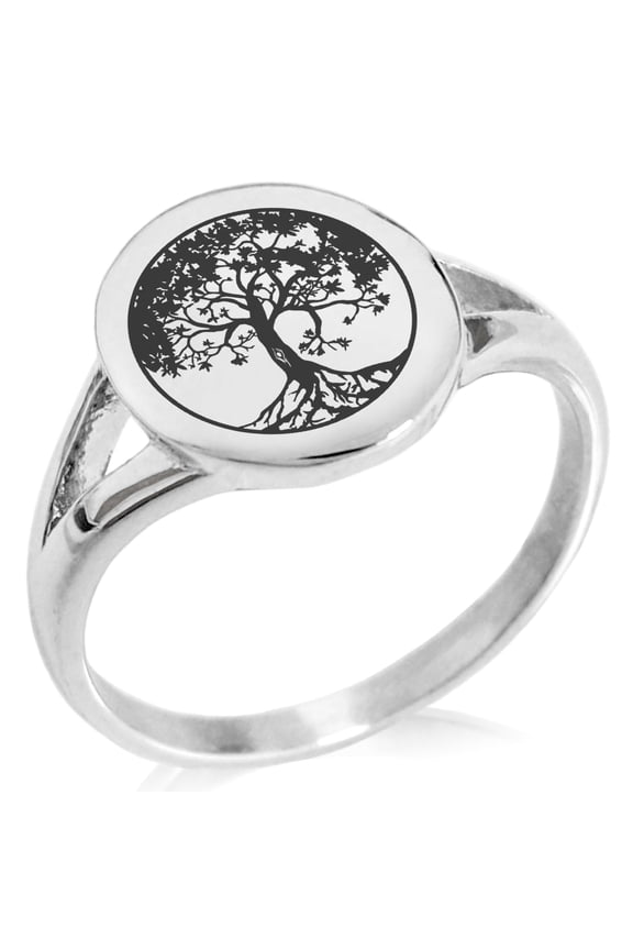 Stainless Steel Tree of Life Minimalist Oval Top Polished Statement Signet Ring