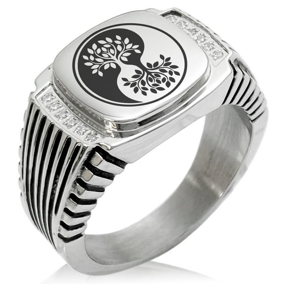Stainless Steel Tree of Life Yin Yang CZ Ribbed Needle Stripe Pattern Biker Style Polished Ring
