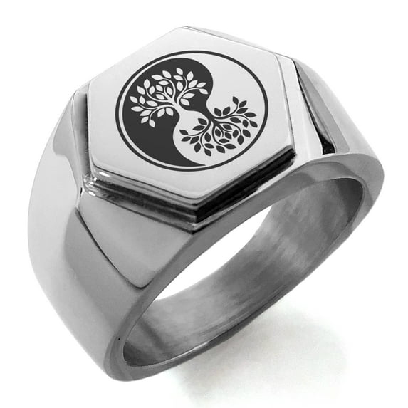 Stainless Steel Tree of Life Yin Yang Engraved Hexagon Crest Flat Top Biker Style Polished Ring