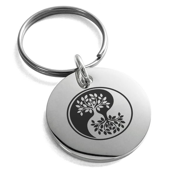 Stainless Steel Tree of Life Yin Yang Engraved Small Medallion Circle Charm Keychain Keyring