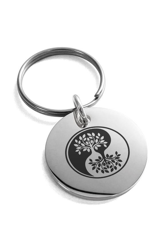 Stainless Steel Tree of Life Yin Yang Engraved Small Medallion Circle Charm Keychain Keyring