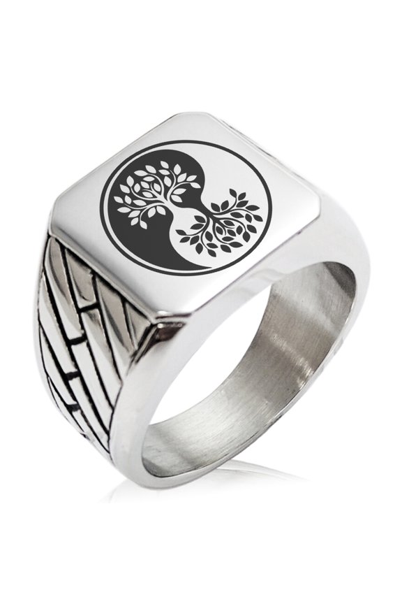 Stainless Steel Tree of Life Yin Yang Geometric Pattern Biker Style Polished Ring