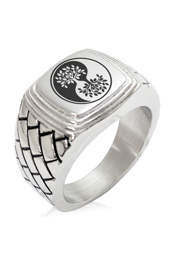 Stainless Steel Tree of Life Yin Yang Geometric Pattern Step-Down Biker Style Polished Ring