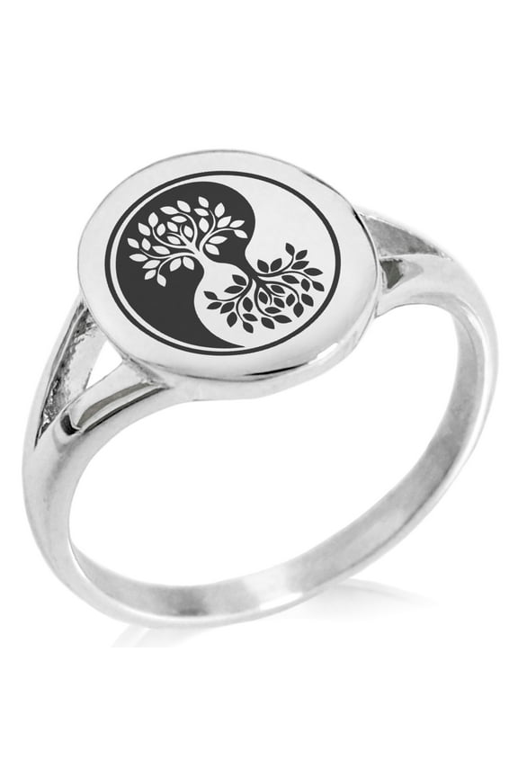 Stainless Steel Tree of Life Yin Yang Minimalist Oval Top Polished Statement Signet Ring