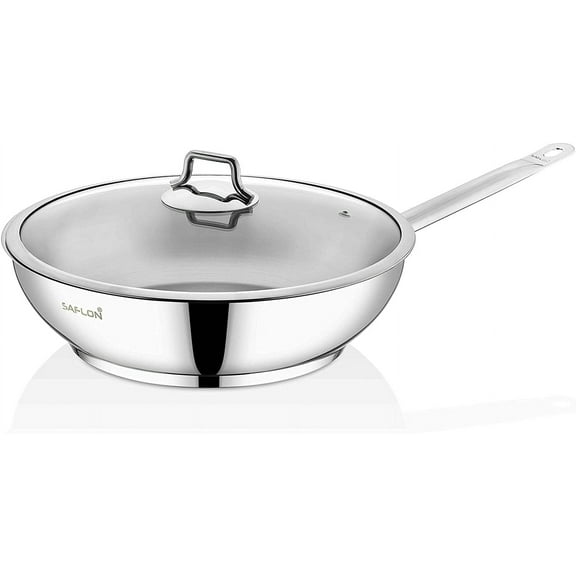 Stainless Steel Tri-Ply Capsulated Bottom 12 Inch Stir Fry Pan with Glass Lid, Induction Ready, Oven and Dishwasher Safe