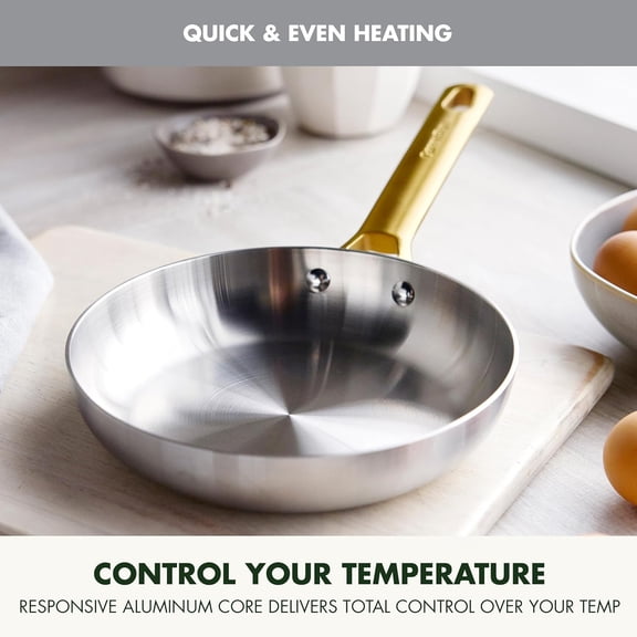 Stainless Steel Tri-Ply Reserve 8 Inch Frying Pan Skillet Multiclad Cookware Induction Oven Broiler Safe to 600F Heat Responsive Dishwasher Safe Gold Handle