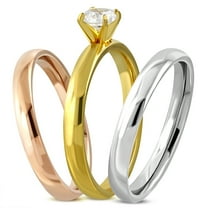 Stainless Steel Tri-Tone Cubic Zirconia Solitaire Stackable Classic 3 Piece Bridal Set Engagement Wedding Ring Band