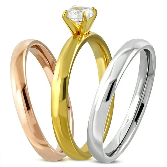 Stainless Steel Tri-Tone Cubic Zirconia Solitaire Stackable Classic 3 Piece Bridal Set Engagement Wedding Ring Band