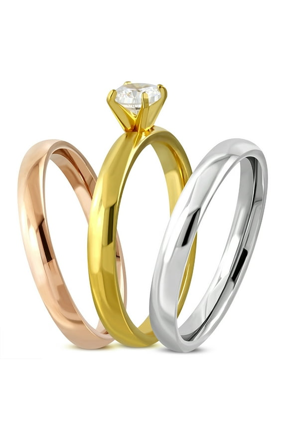 Stainless Steel Tri-Tone Cubic Zirconia Solitaire Stackable Classic 3 Piece Bridal Set Engagement Wedding Ring Band
