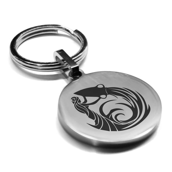 Stainless Steel Tribal Aquarius Zodiac (Water Bearer) Round Medallion Keychain Circle Ring
