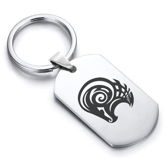 Stainless Steel Tribal Aries Zodiac (Ram) Dog Tag Keychain Circle Ring