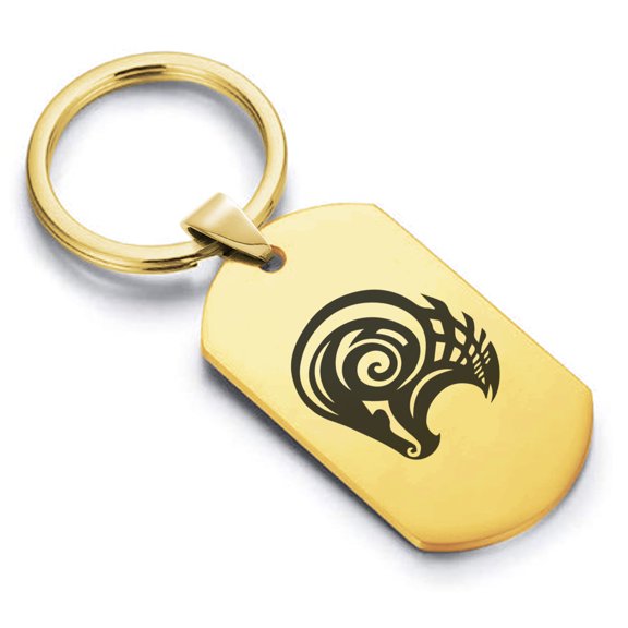 Stainless Steel Tribal Aries Zodiac (Ram) Dog Tag Keychain Circle Ring