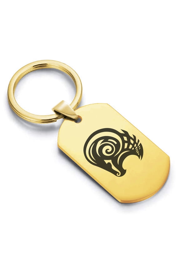 Stainless Steel Tribal Aries Zodiac (Ram) Dog Tag Keychain Circle Ring