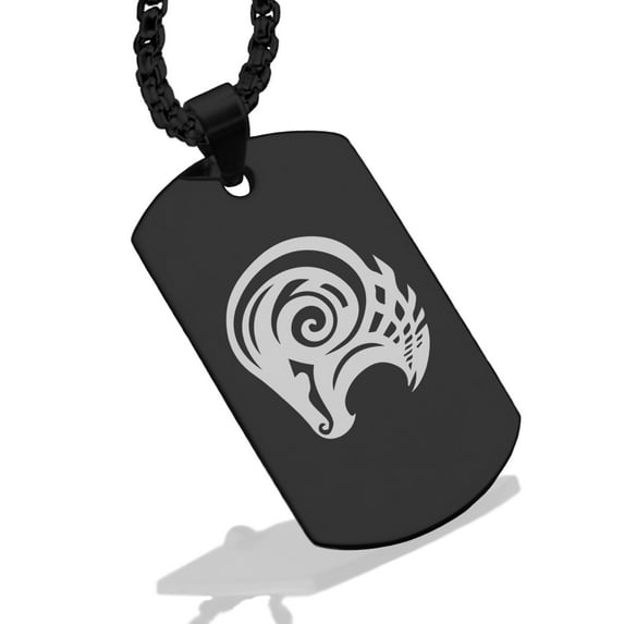 Stainless Steel Tribal Aries Zodiac (Ram) Dog Tag Pendant Necklace