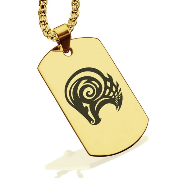Stainless Steel Tribal Aries Zodiac (Ram) Dog Tag Pendant Necklace