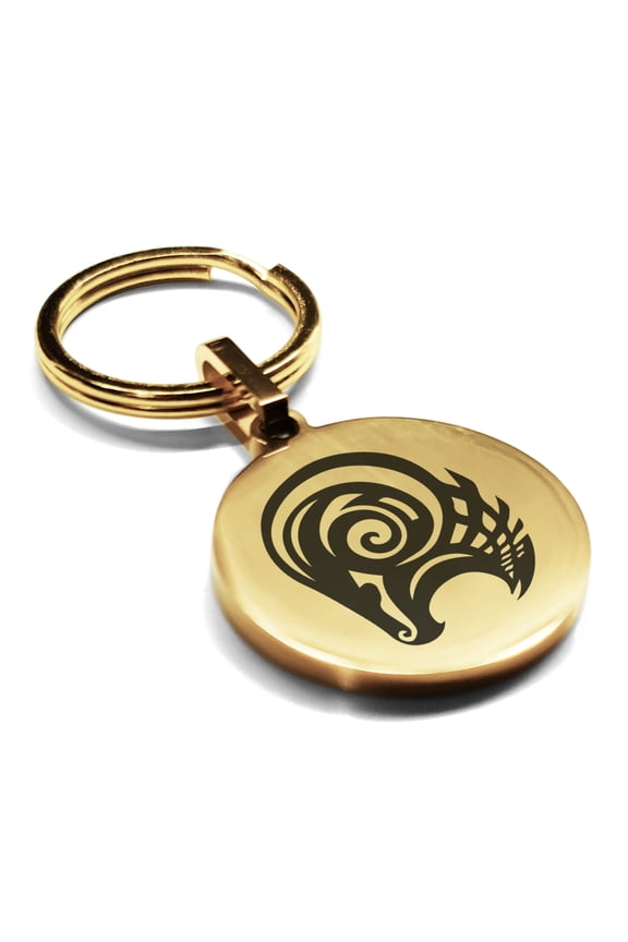 Stainless Steel Tribal Aries Zodiac (Ram) Round Medallion Keychain Circle Ring