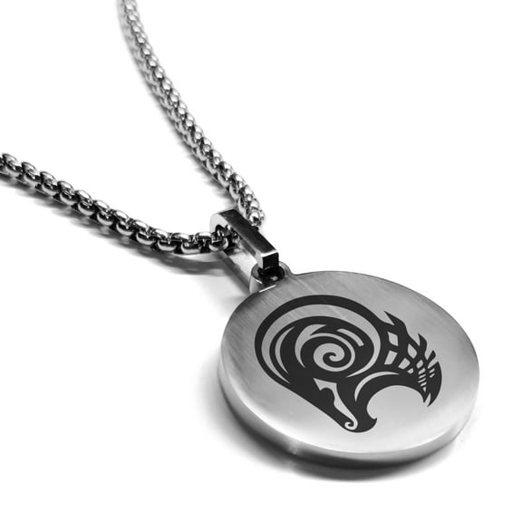 Stainless Steel Tribal Aries Zodiac (Ram) Round Medallion Pendant Necklace