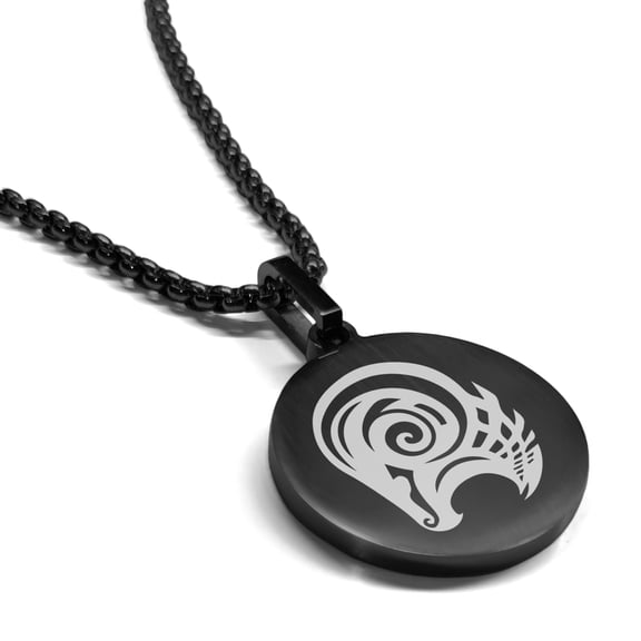 Stainless Steel Tribal Aries Zodiac (Ram) Round Medallion Pendant Necklace