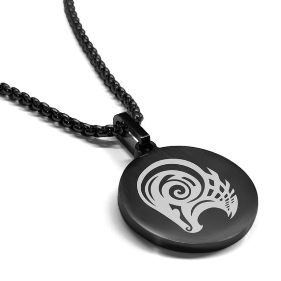 Stainless Steel Tribal Aries Zodiac (Ram) Round Medallion Pendant Necklace