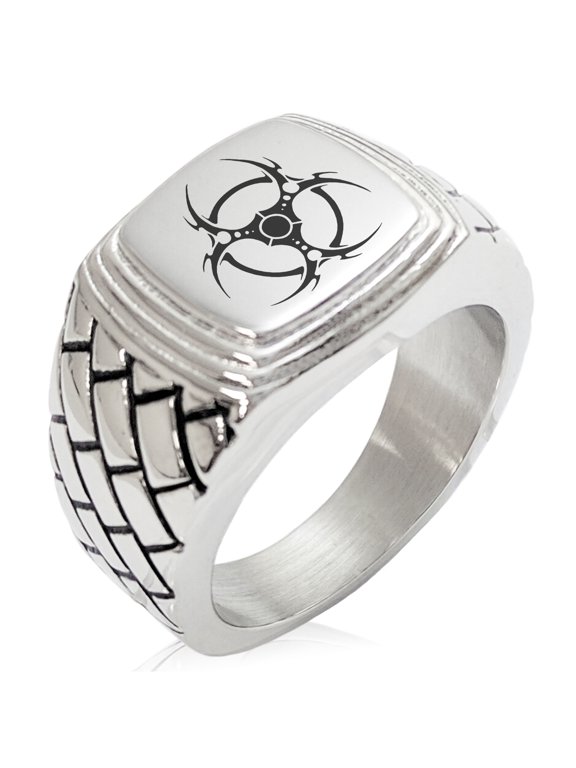 Stainless Steel Tribal Barbed Wire Biohazard Geometric Pattern Step-Down Biker Style Polished Ring