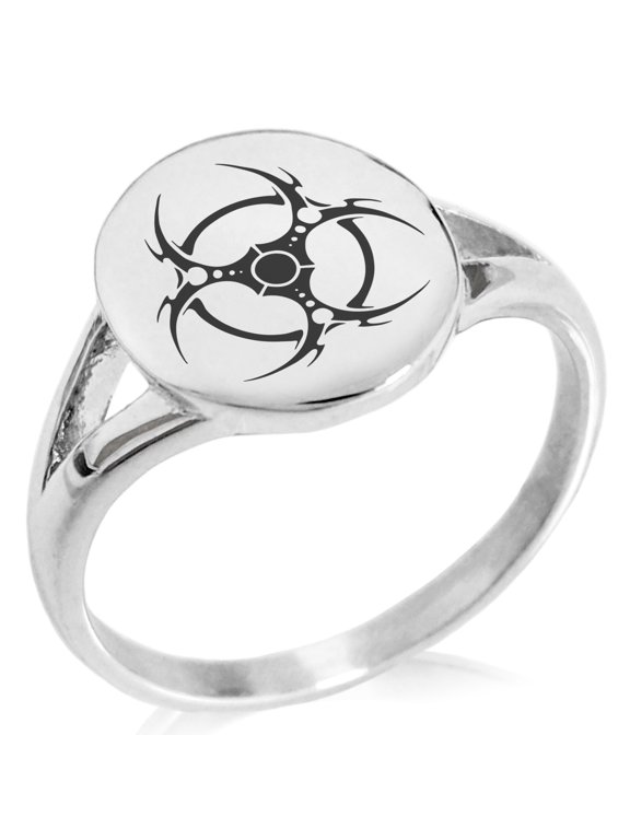 Stainless Steel Tribal Barbed Wire Biohazard Minimalist Oval Top Polished Statement Signet Ring