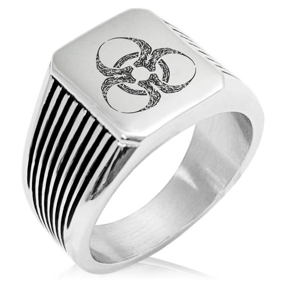 Stainless Steel Tribal Biohazard Needle Stripe Pattern Biker Style Polished Ring