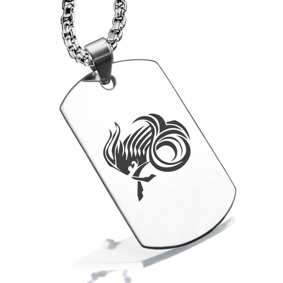 Stainless Steel Tribal Capricorn Zodiac (Sea Goat) Dog Tag Pendant Necklace