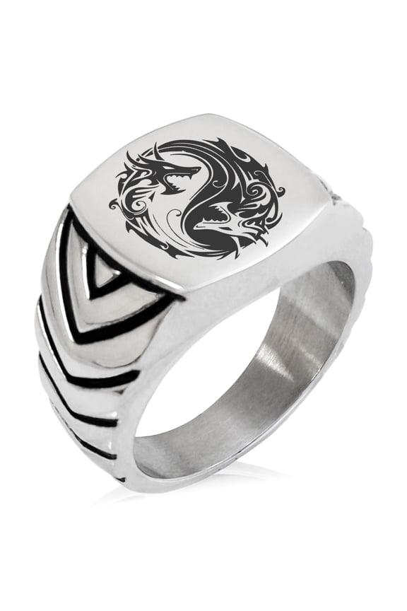 Stainless Steel Tribal Dragon Yin Yang Chevron Pattern Biker Style Polished Ring
