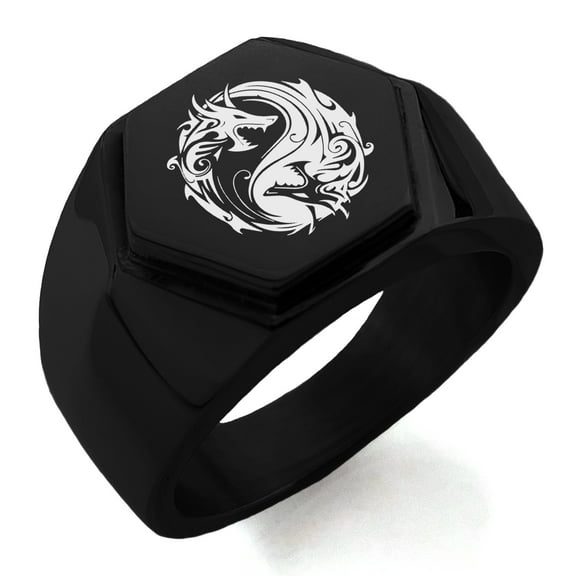 Tioneer Stainless Steel Tribal Dragon Yin Yang Engraved Hexagon Crest Flat Top Biker Style Polished Ring