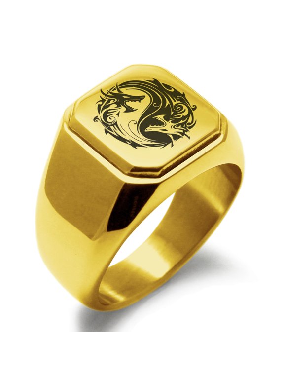 Stainless Steel Tribal Dragon Yin Yang Engraved Square Flat Top Biker Style Polished Signet Ring