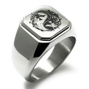 TIONEER Stainless Steel Tribal Dragon Yin Yang Engraved Square Flat Top Biker Style Polished Signet Ring