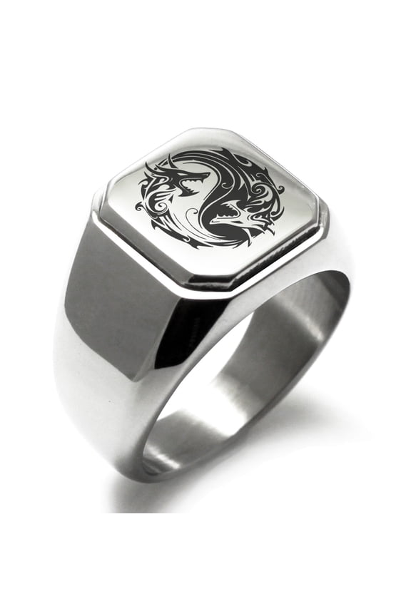Stainless Steel Tribal Dragon Yin Yang Engraved Square Flat Top Biker Style Polished Signet Ring
