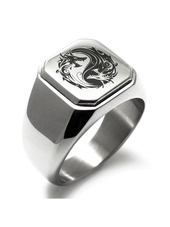Stainless Steel Tribal Dragon Yin Yang Engraved Square Flat Top Biker Style Polished Signet Ring