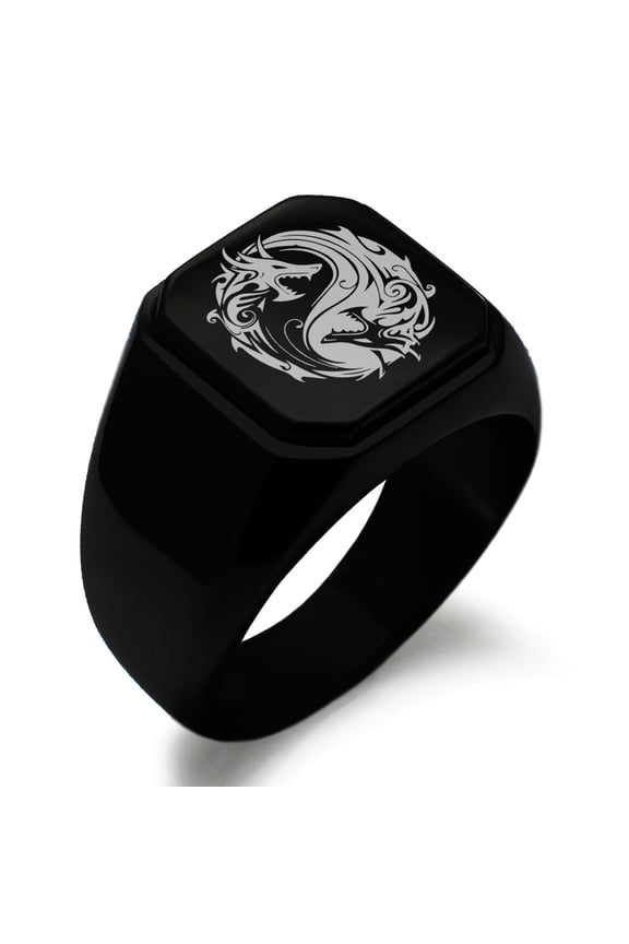 Stainless Steel Tribal Dragon Yin Yang Engraved Square Flat Top Biker Style Polished Signet Ring