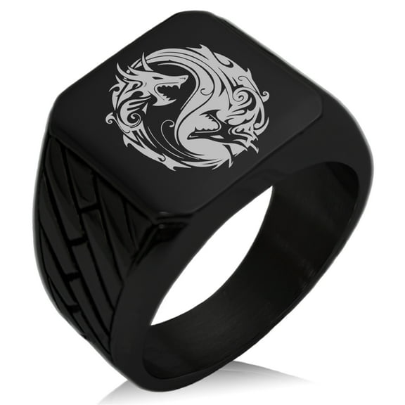 Stainless Steel Tribal Dragon Yin Yang Geometric Pattern Biker Style Polished Ring
