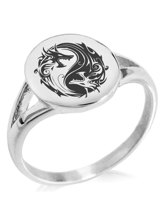 Stainless Steel Tribal Dragon Yin Yang Minimalist Oval Top Polished Statement Signet Ring