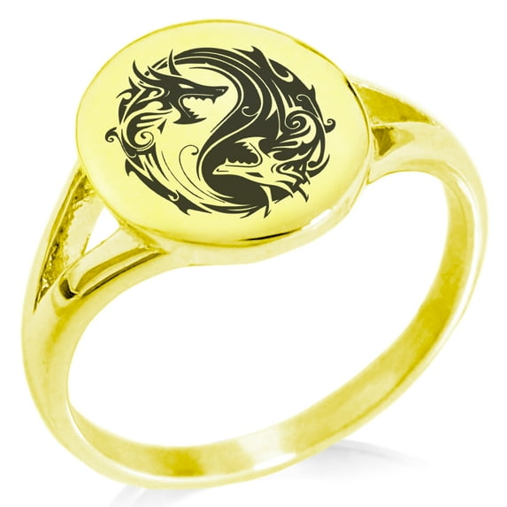 Stainless Steel Tribal Dragon Yin Yang Minimalist Oval Top Polished Statement Signet Ring