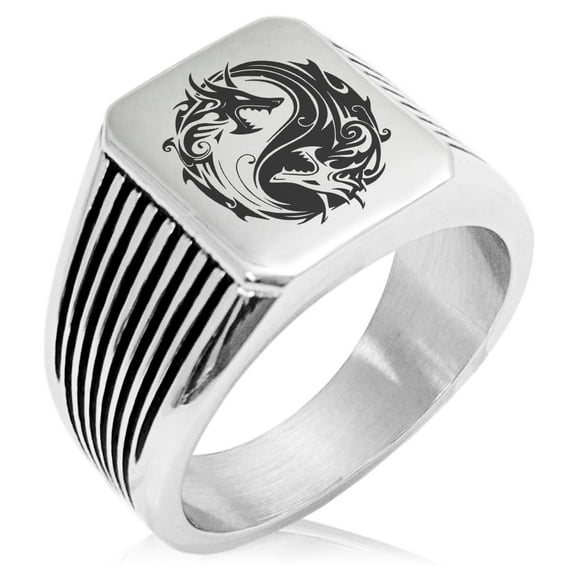 Stainless Steel Tribal Dragon Yin Yang Needle Stripe Pattern Biker Style Polished Ring
