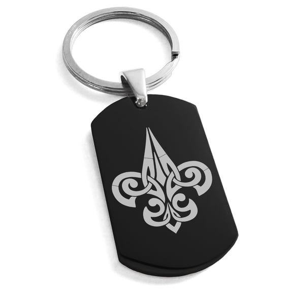 Stainless Steel Tribal Fleur De Lis Engraved Dog Tag Keychain Keyring