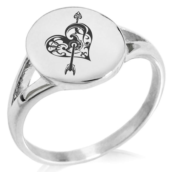 Stainless Steel Tribal Heart and Arrow Minimalist Oval Top Polished Statement Ring