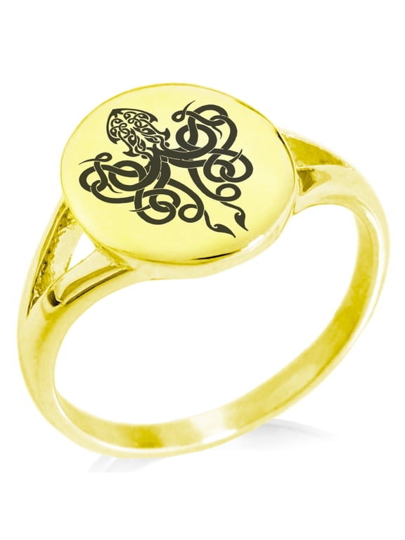 Stainless Steel Tribal Kraken Minimalist Oval Top Polished Statement Signet Ring