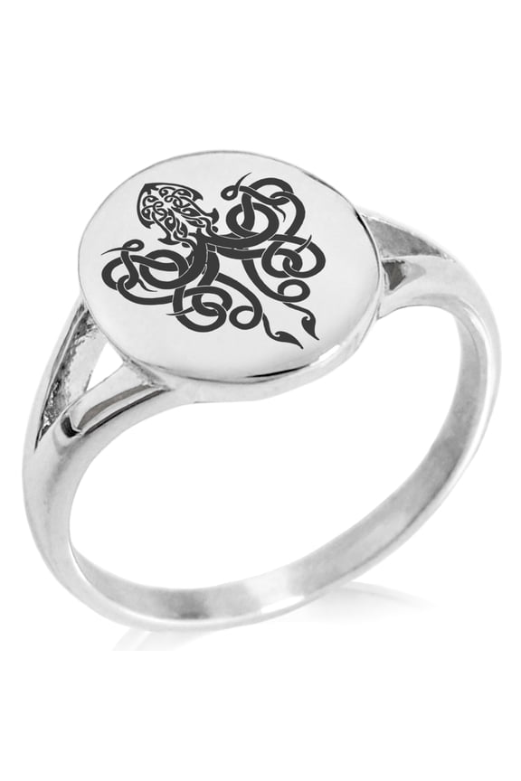 Stainless Steel Tribal Kraken Minimalist Oval Top Polished Statement Signet Ring