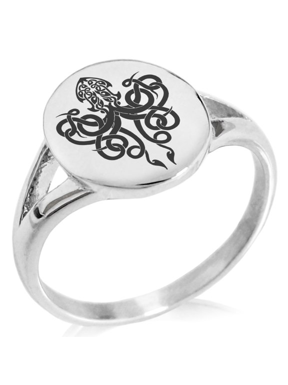 Stainless Steel Tribal Kraken Minimalist Oval Top Polished Statement Signet Ring