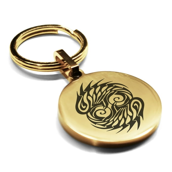 Stainless Steel Tribal Pisces Zodiac (Two Fishes) Round Medallion Keychain Circle Ring