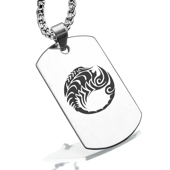 Stainless Steel Tribal Scorpio Zodiac (Scorpion) Dog Tag Pendant Necklace
