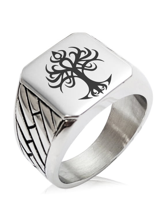 Stainless Steel Tribal Tree of Life Geometric Pattern Biker Style Polished Ring
