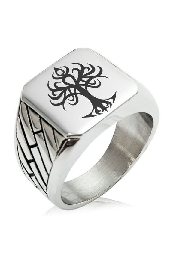 Stainless Steel Tribal Tree of Life Geometric Pattern Biker Style Polished Ring